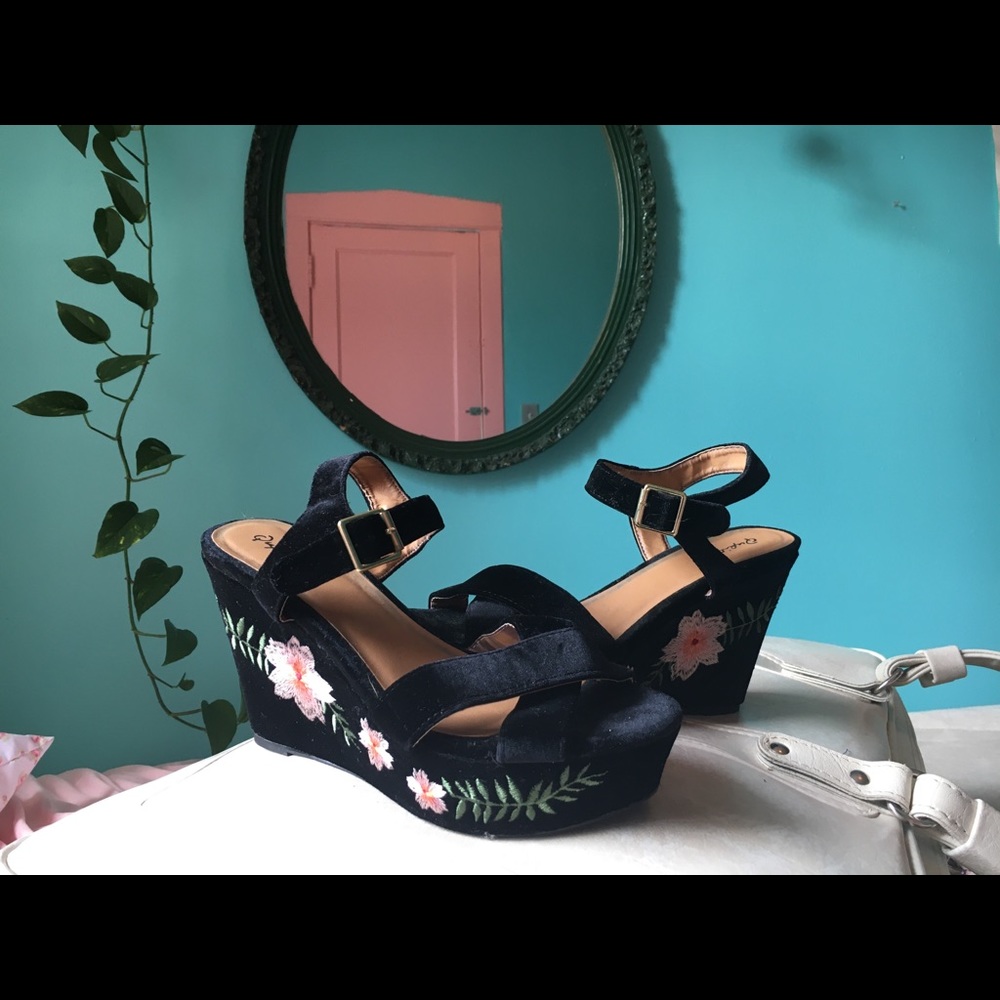 Velvet Platforms W/ Floral Embroidery